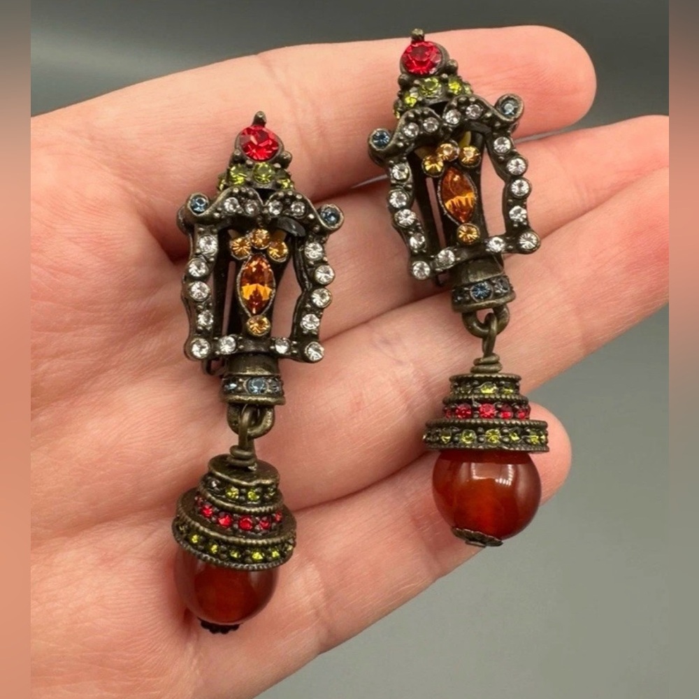 Heidi Daus Swarovski & Carnelian Clip On Earrings Holiday Christmas Lanterns